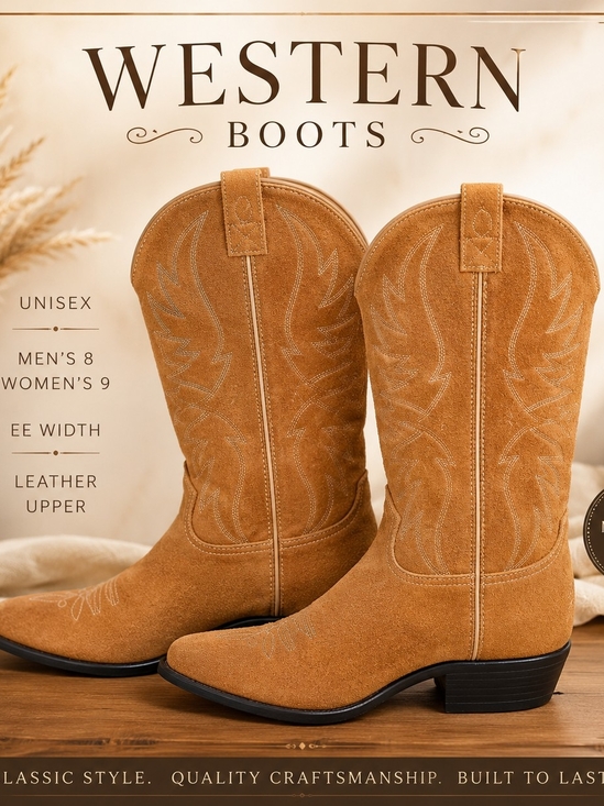 Source Unknown Shoes - Unisex Western Cowboy Boots Leather Upper Made in India Men's 8 Women's 9 EE W